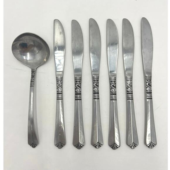 Vintage Orleans Silver Stainless Cutlery Set- Serving Spoon (1) & Knives (6) - Picture 1 of 7